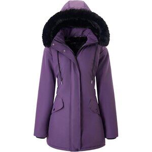 Women's Puffer Jacket Coat Purple Fleece Lined Long Hooded Waterproof Outerwear